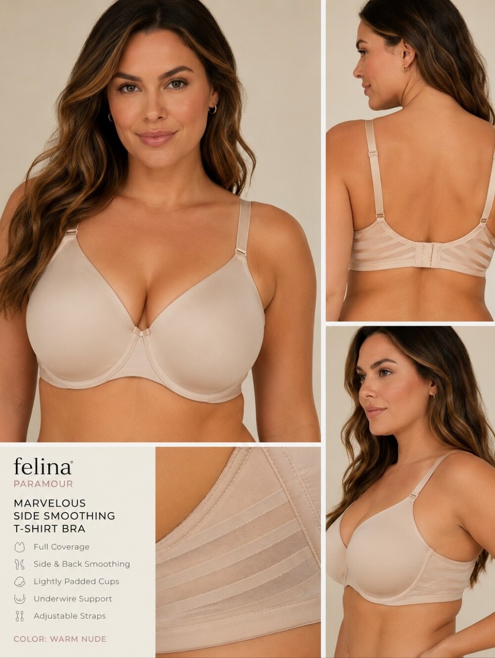 Felina Paramour Marvelous Side Smoothing T-Shirt Bra 40DDD Nude Beige